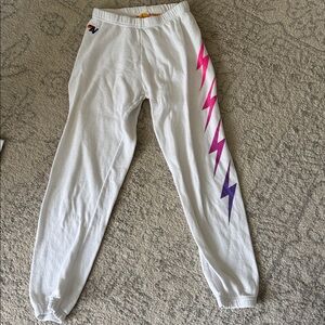 Aviator Nation White Sweatpants with Pink and Purple Accents